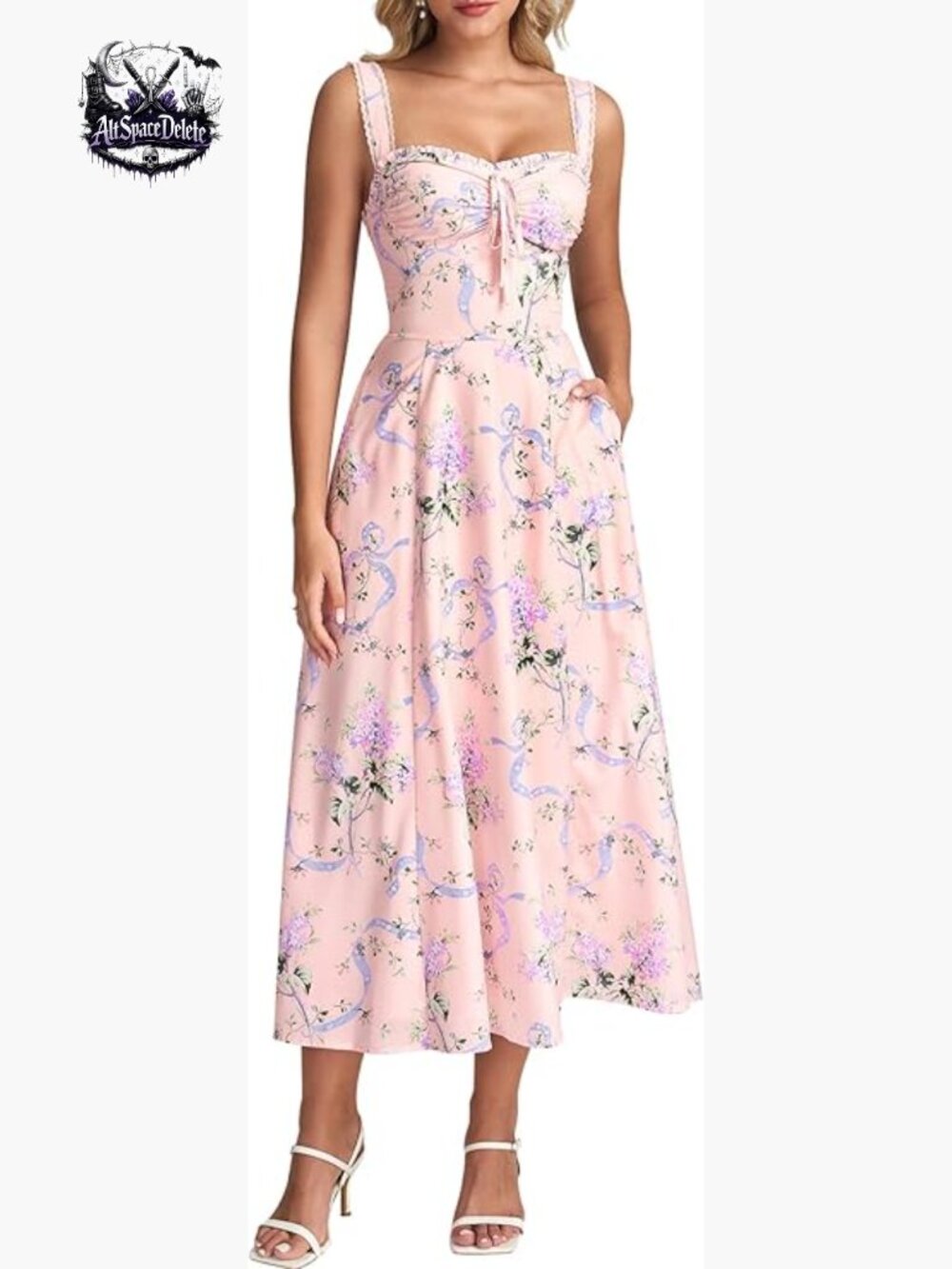 Floral Corset Midi Dress with Pockets, Lace-Up Back, Sweetheart Neckline